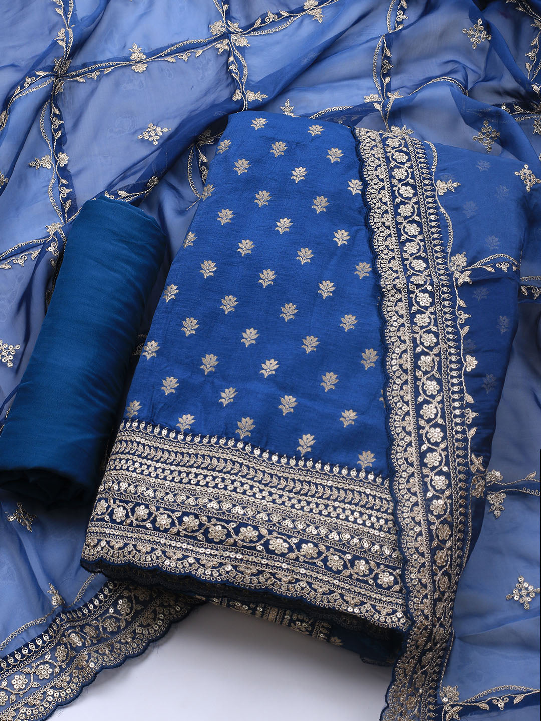 Embroidered Art Silk Unstitched Suit Piece With Dupatta