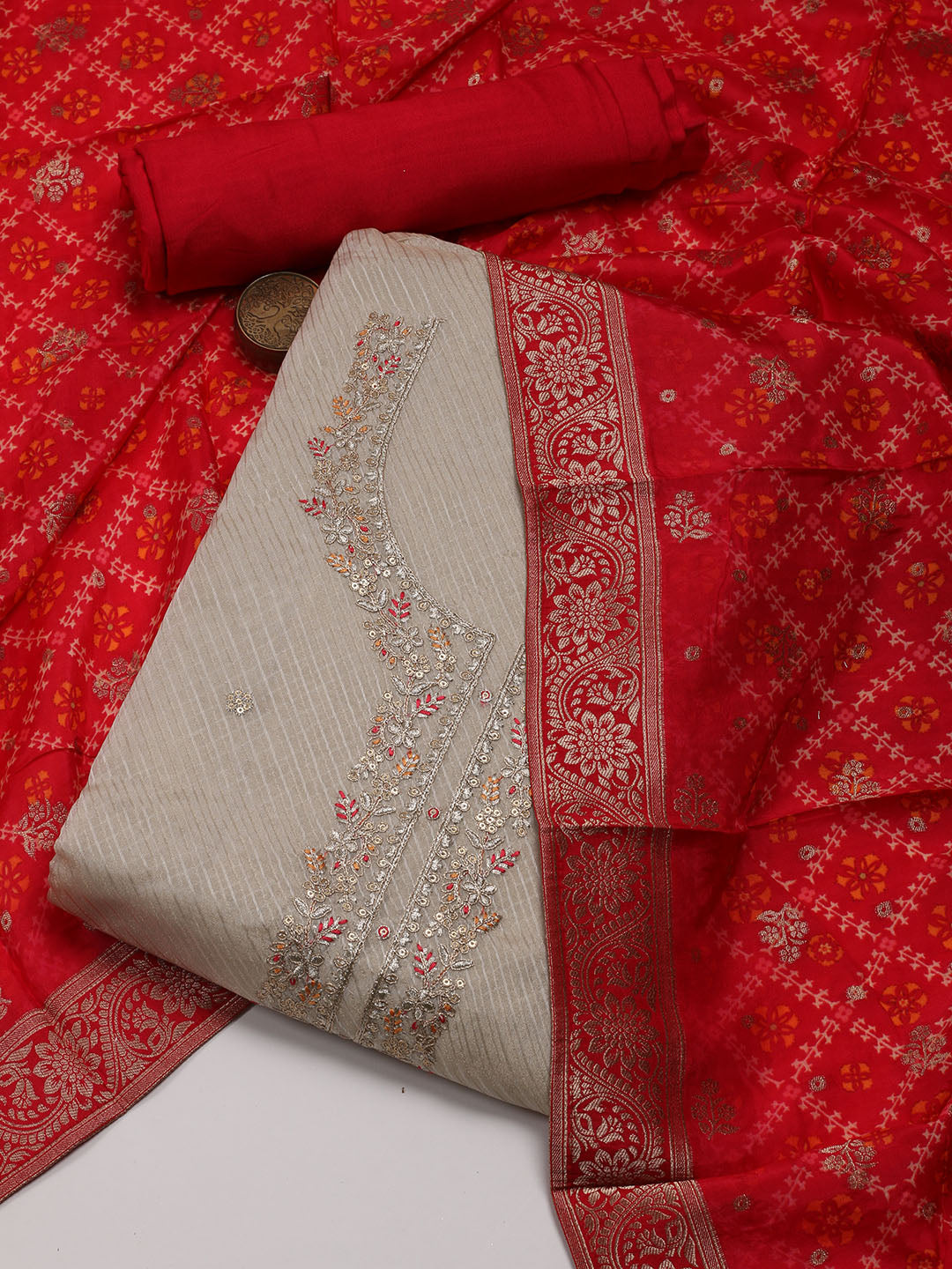 Neck Embroidery Tissue Unstitched Suit Piece With Dupatta