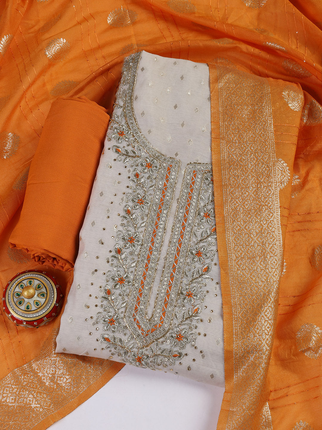Neck Embroidery Chanderi Unstitched Suit With Dupatta