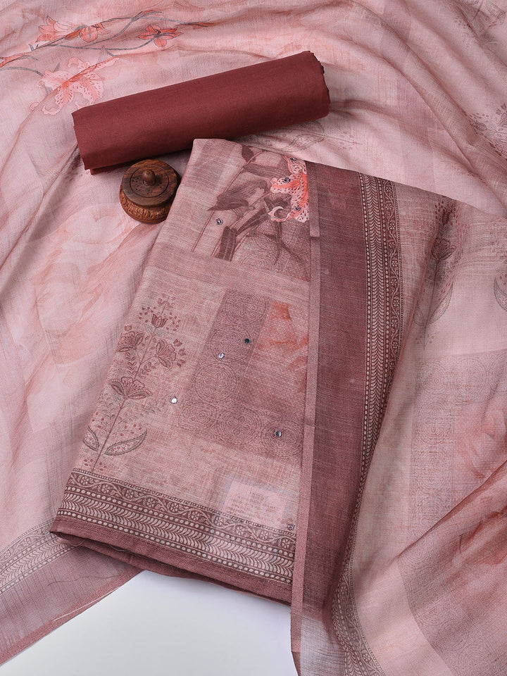 Floral Printed Linen Unstitched Suit With Dupatta