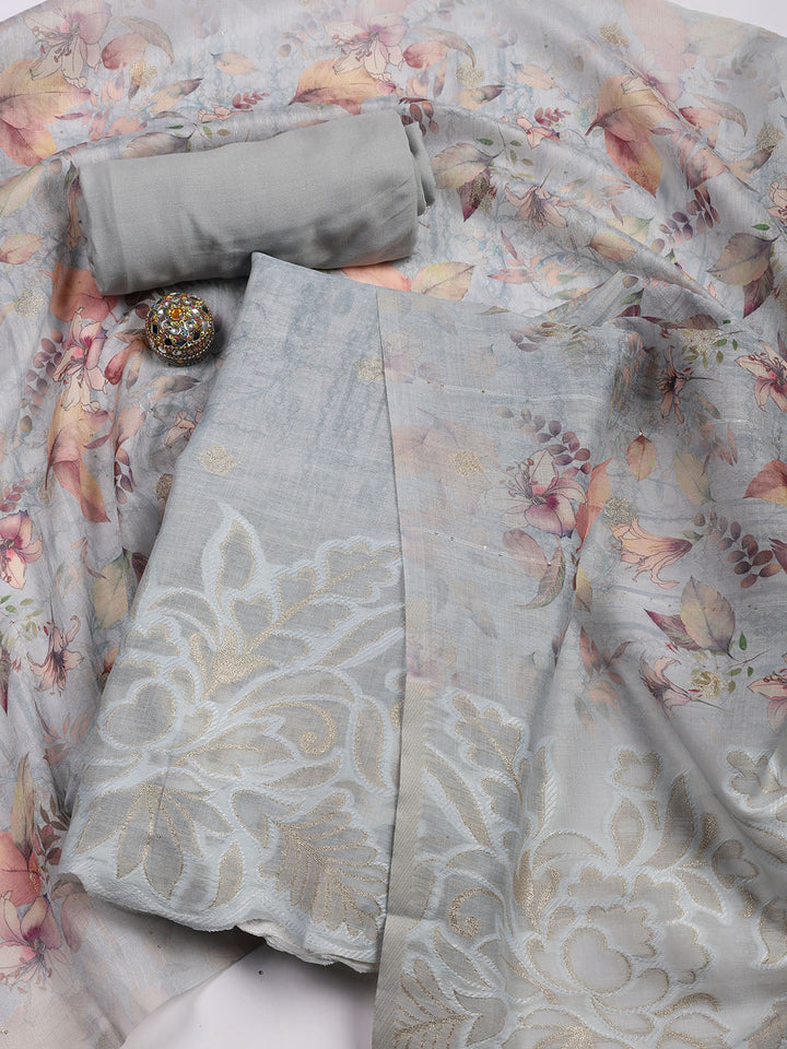 Embroidery Linen Unstitched Suit With Dupatta