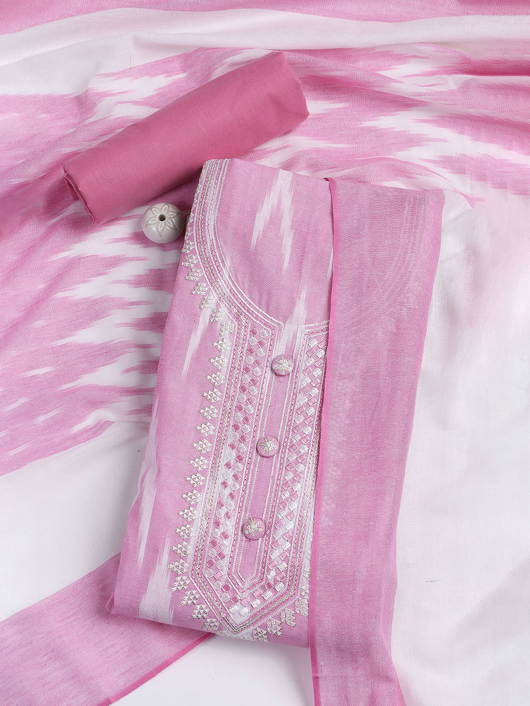 Neck Embroidered Cotton Blend Unstitched Suit Piece With Dupatta