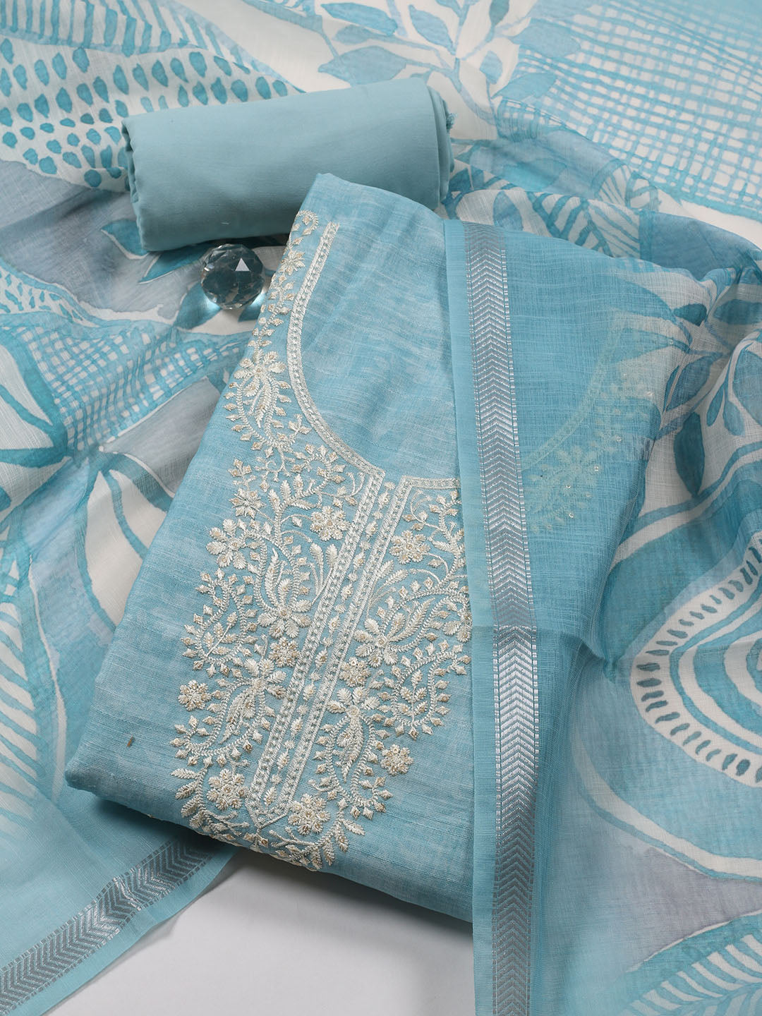 Neck Embroidered Chanderi Unstitched Suit With Dupatta