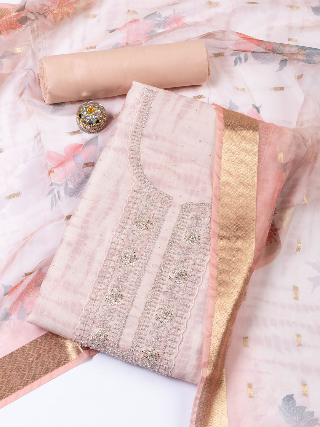 Embroidery Chanderi Unstitched Suit Piece With Dupatta