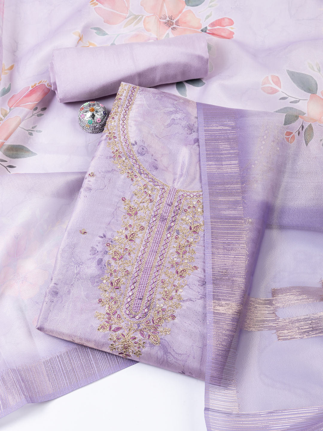 Neck Embroidered Tissue Unstitched Suit With Dupatta