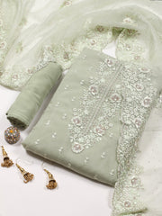 Neck Embroidered Organza Unstitched Suit With Dupatta