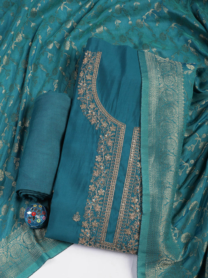 Embroidered Chanderi Unstitched Suit Piece With Dupatta