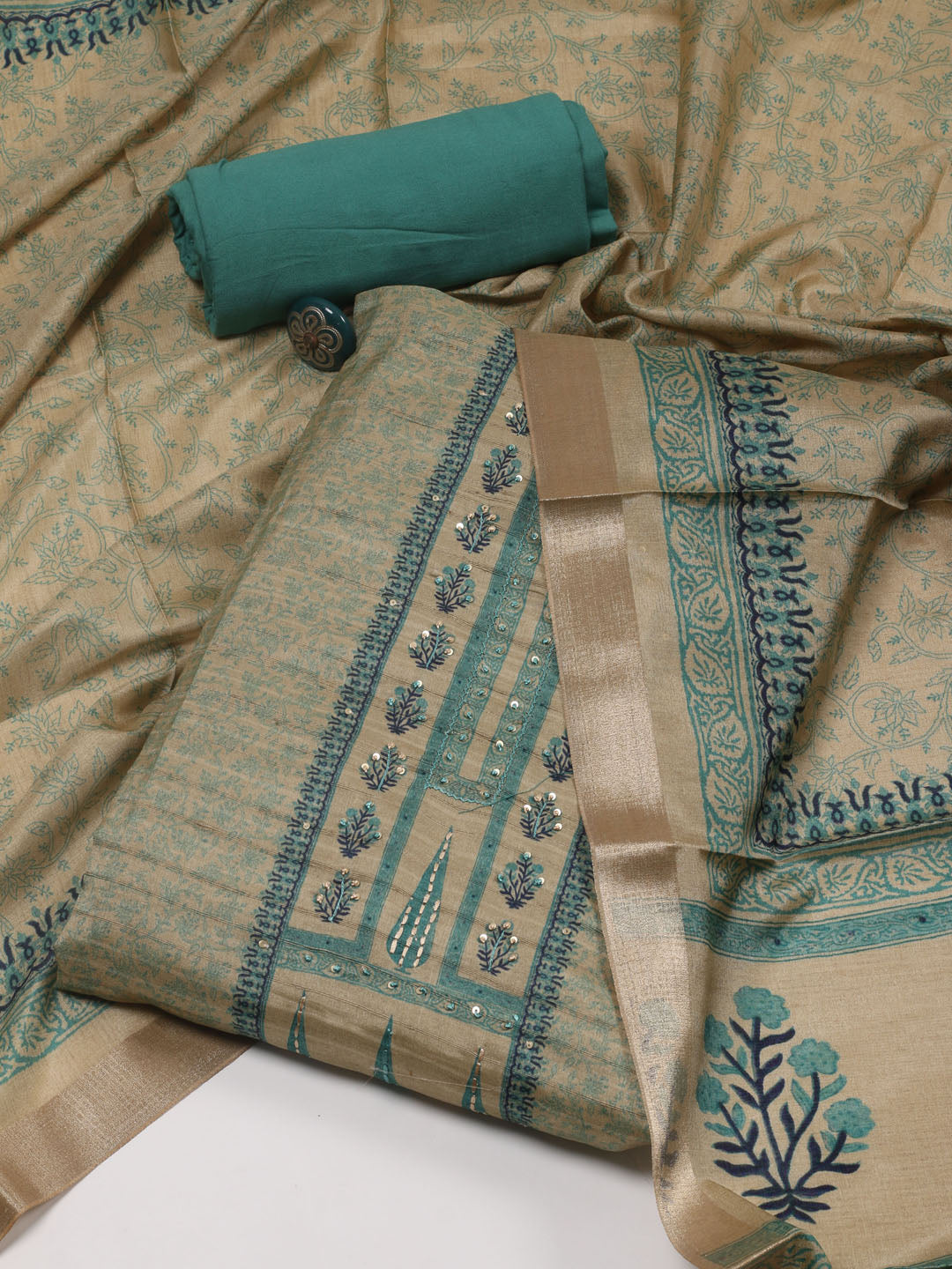 Printed Art Tussar Unstitched Suit With Dupatta
