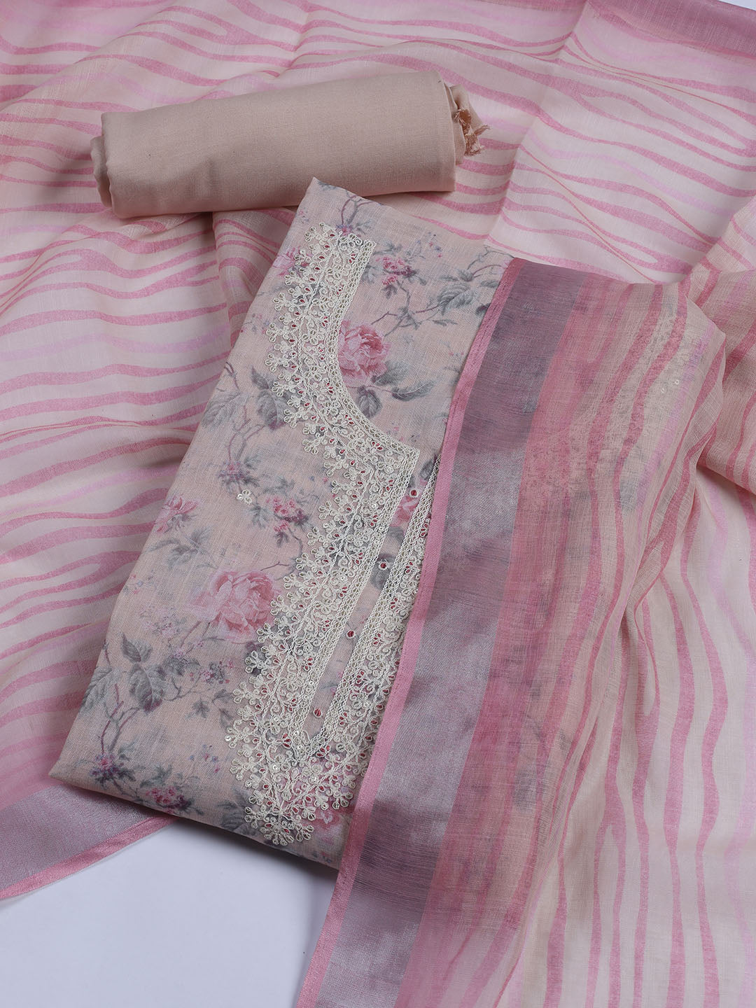 Floral Printed Linen Unstitched Suit With Dupatta
