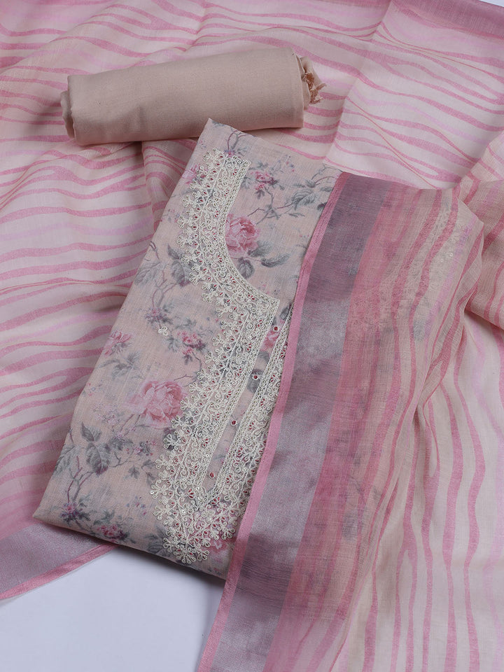 Floral Printed Linen Unstitched Suit With Dupatta