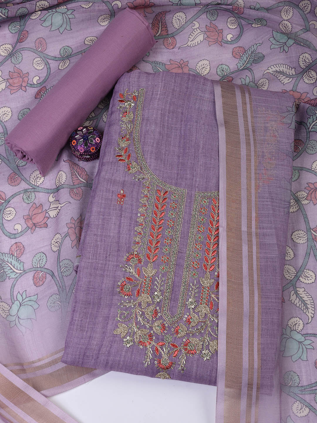 Neck Embroidered Cotton Blend Unstitched Suit With Dupatta