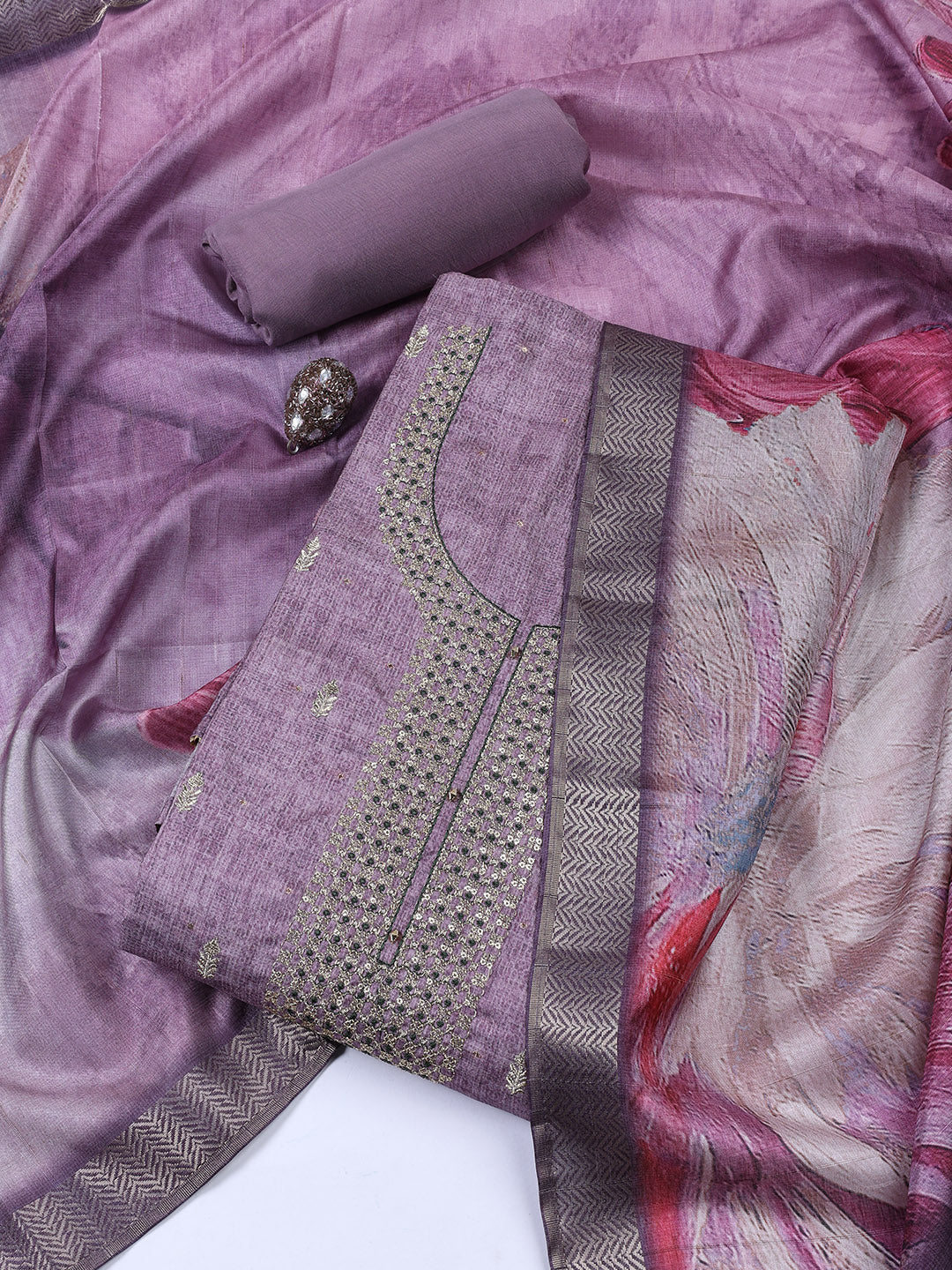 Neck Embroidered Tussar Unstitched Suit With Dupatta