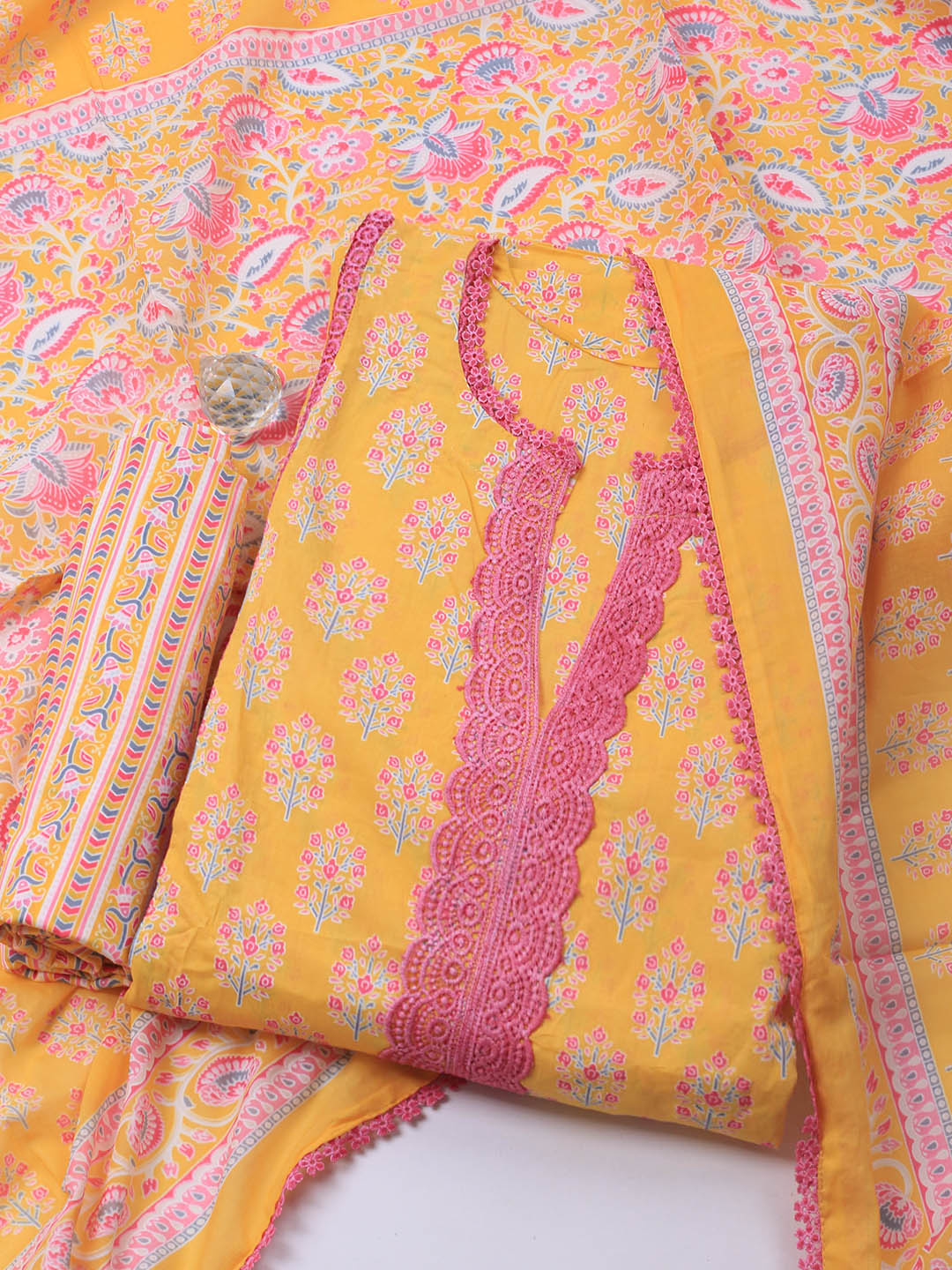 Printed Cotton Blend Unstitched Suit Piece With Dupatta