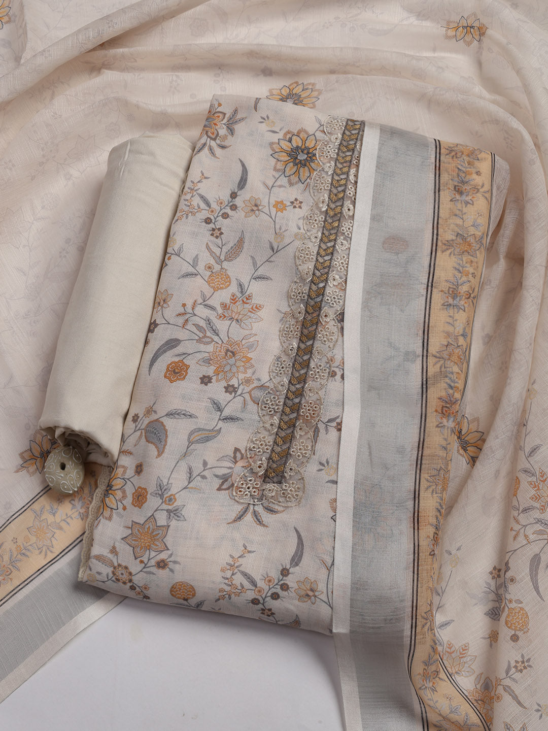 Patch Neck Linen Unstitched Suit Piece With Dupatta