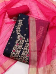 Neck Embroidered Chanderi Unstitched Suit Piece With Dupatta