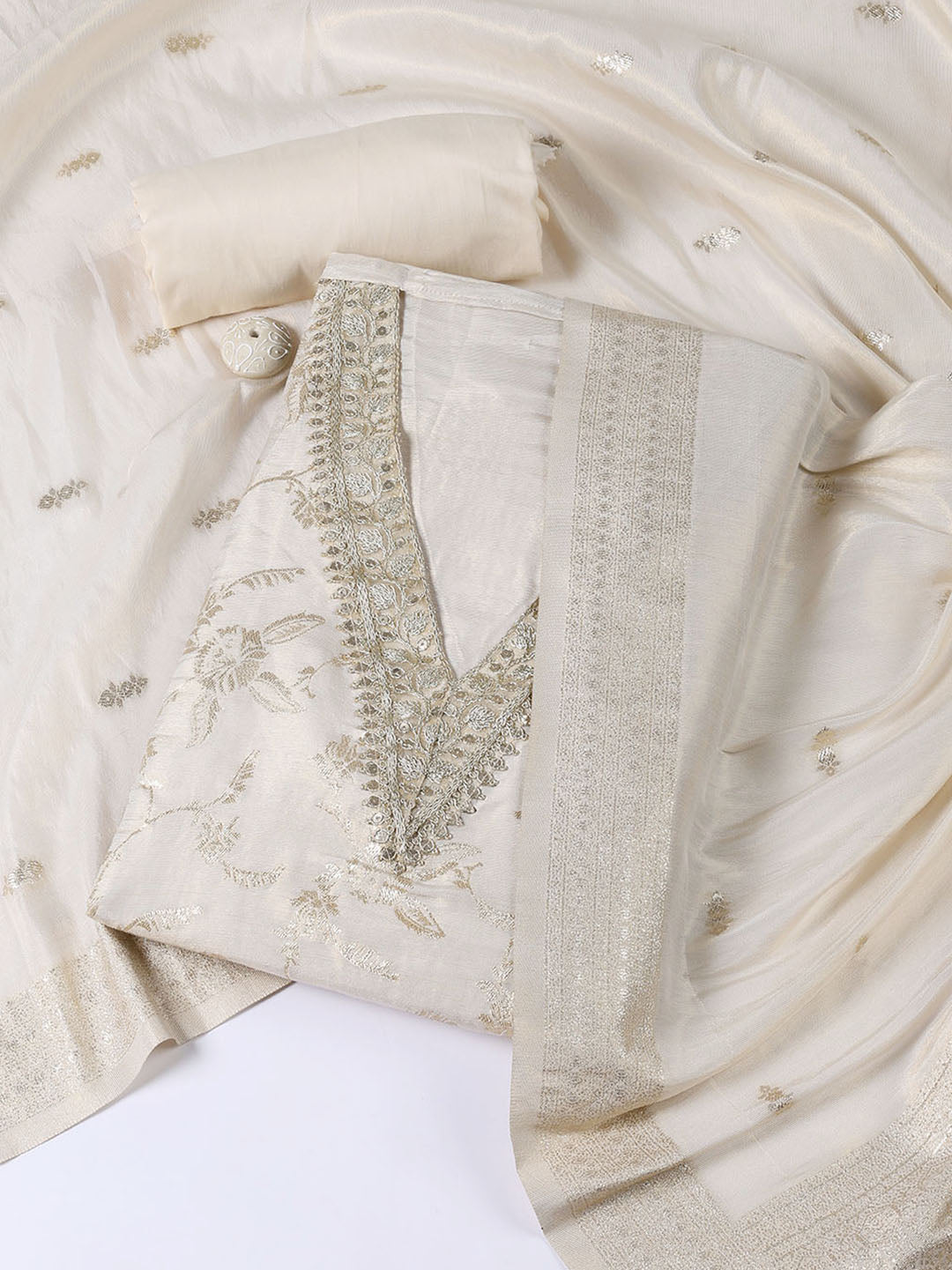 Neck Embroidered Tissue Unstitched Suit Piece With Dupatta