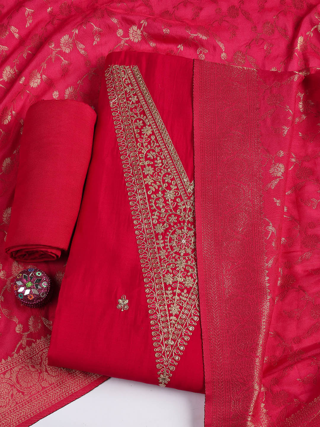 Embroidered Chanderi Unstitched Suit Piece With Dupatta
