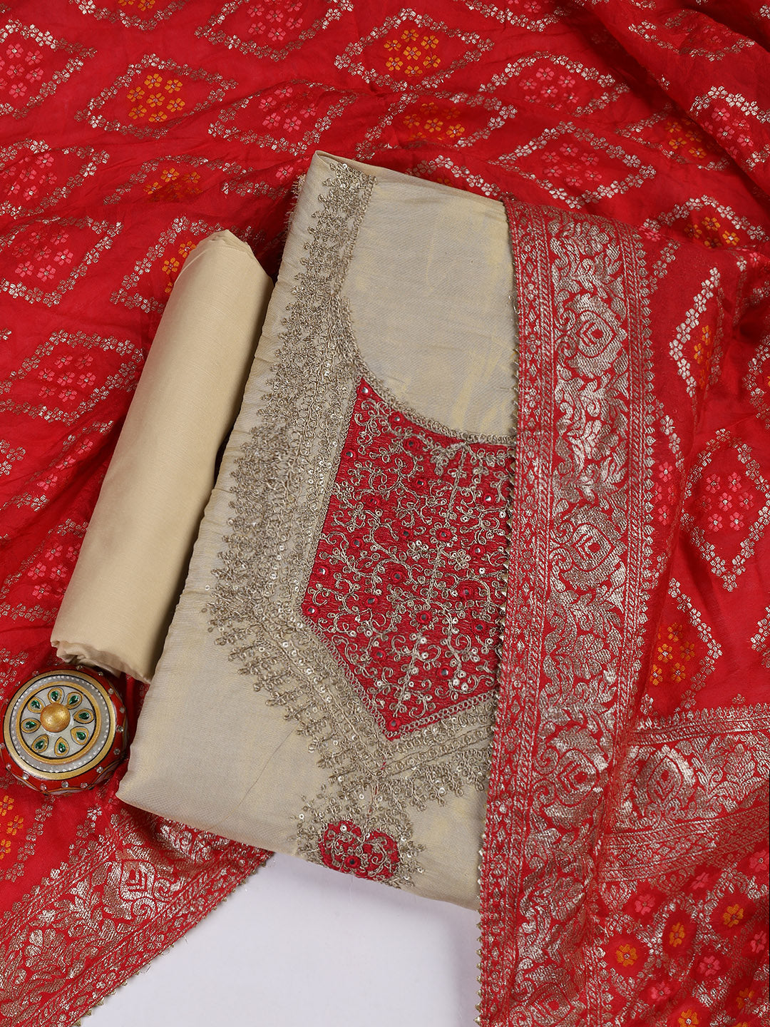 Neck Embroidery Chanderi Unstitched Suit With Dupatta