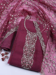 Neck Embroidered Organza Unstitched Suit With Dupatta