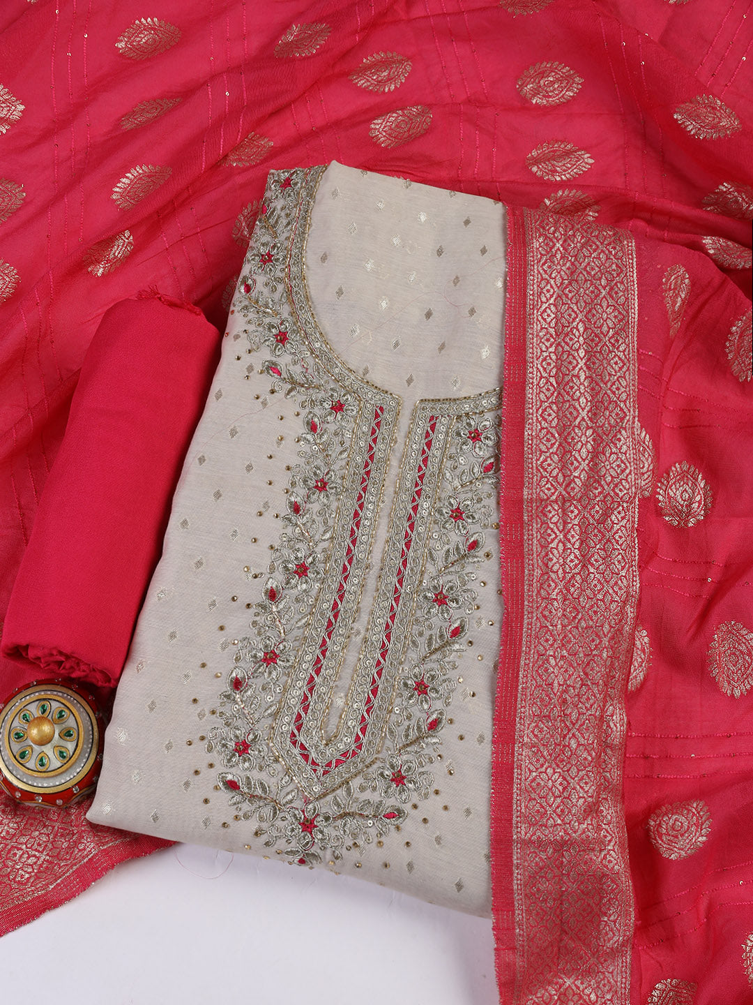 Neck Embroidery Chanderi Unstitched Suit With Dupatta