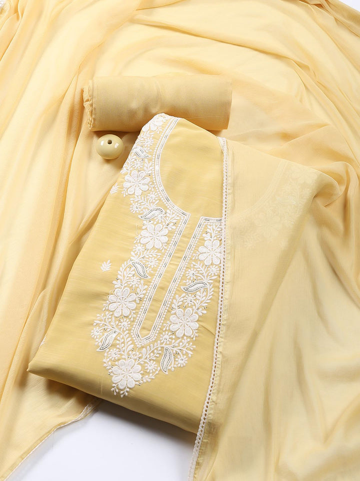 Neck Embroidered Chanderi Unstitched Suit With Dupatta