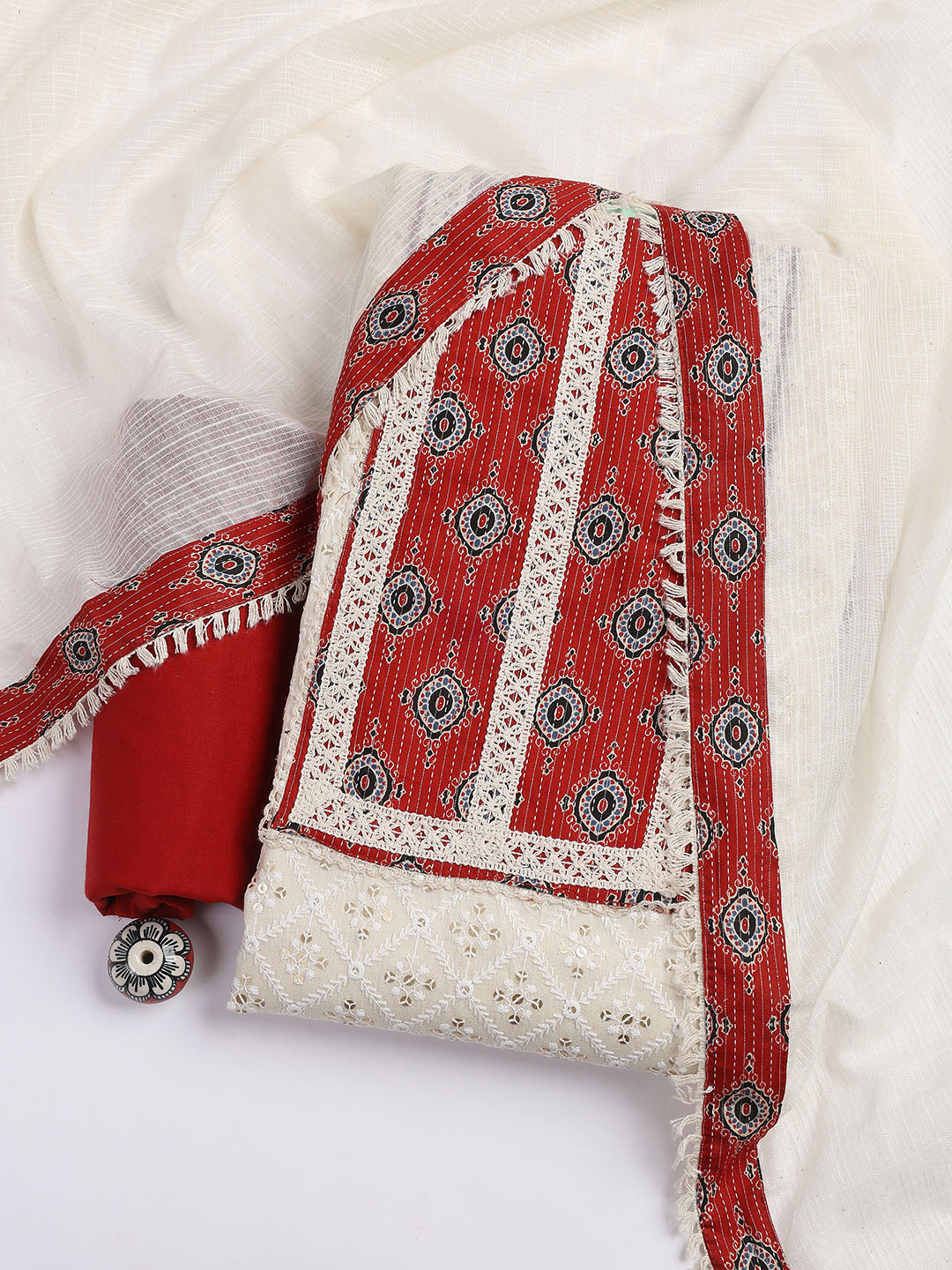 Printed Cotton Blend Unstitched Suit Piece With Dupatta