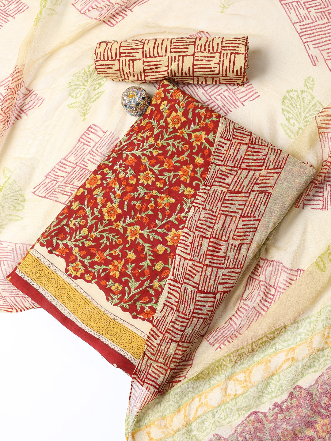 Printed Cotton Blend Unstitched Suit With Dupatta