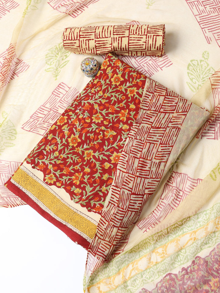 Printed Cotton Blend Unstitched Suit With Dupatta