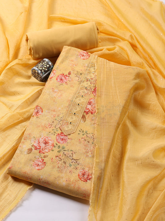 Floral Printed Linen Unstitched Suit With Dupatta