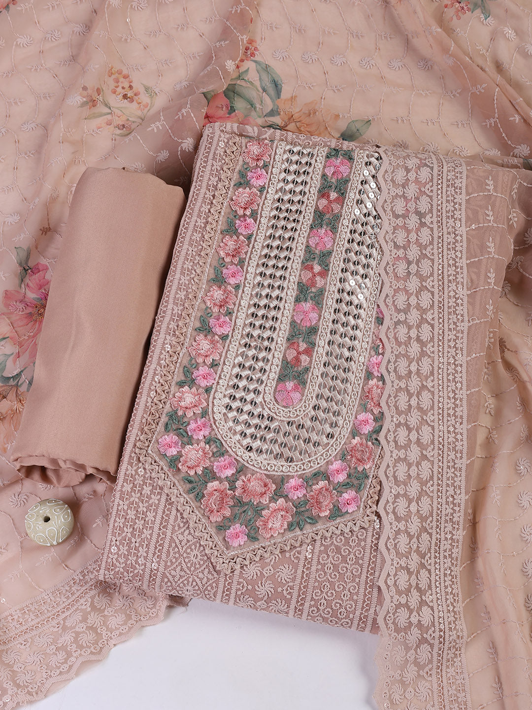 Chiken Work Georgette Unstitched Suit With Dupatta