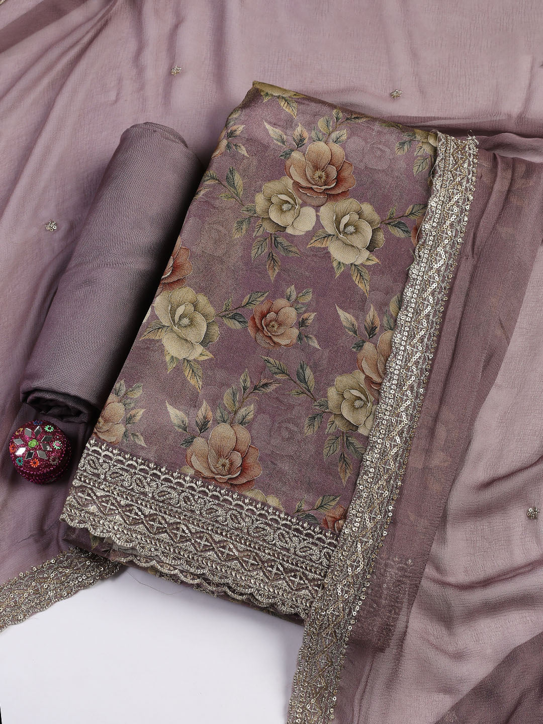Patch Neck Art Silk Unstitched Suit With Dupatta