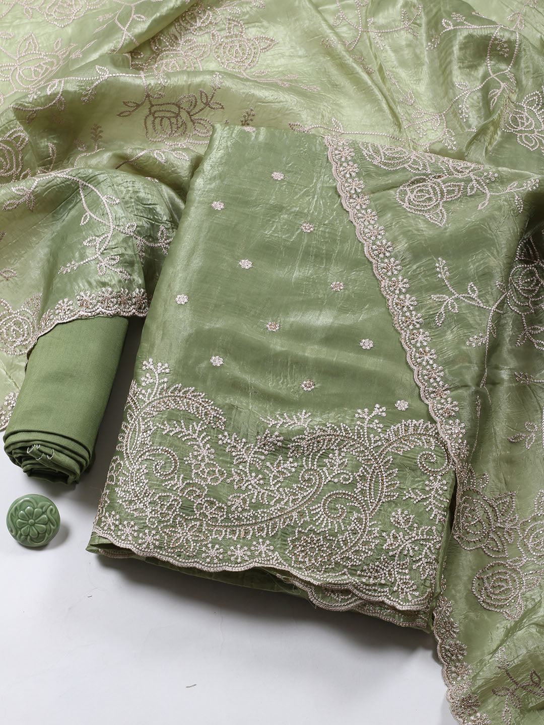 Embroidery Tissue Unstitched Suit Piece With Dupatta