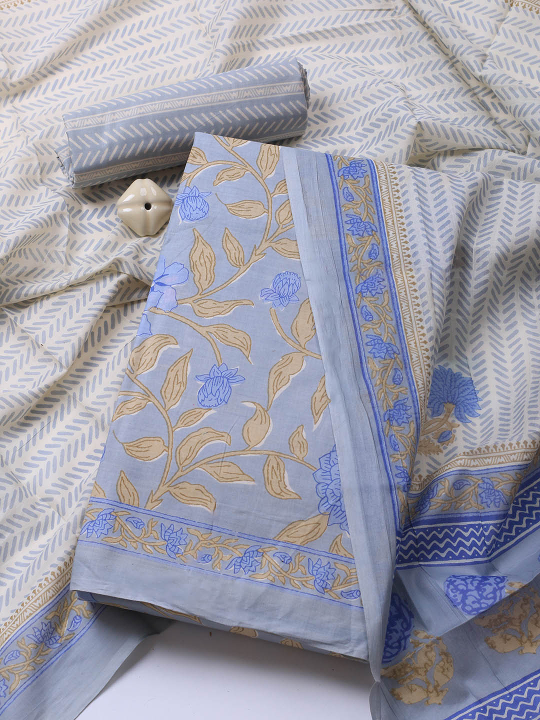 Printed Cotton Blend Unstitched Suit Piece With Dupatta