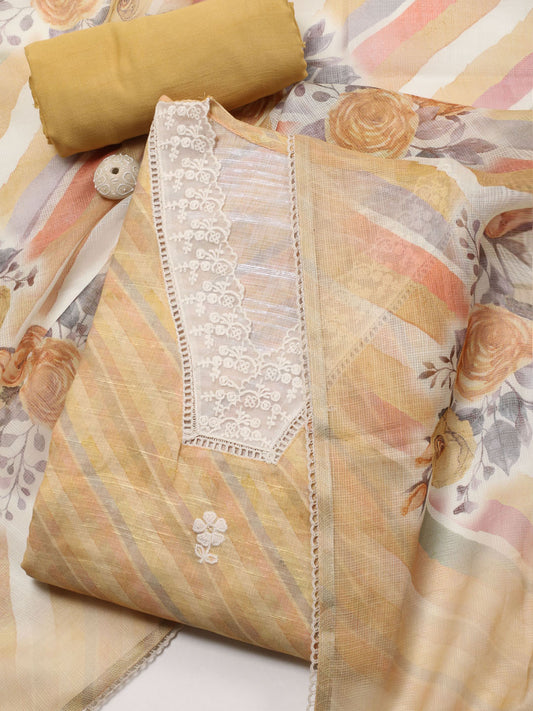 Neck Embroidered Printed Linen Unstitched Suit With Dupatta