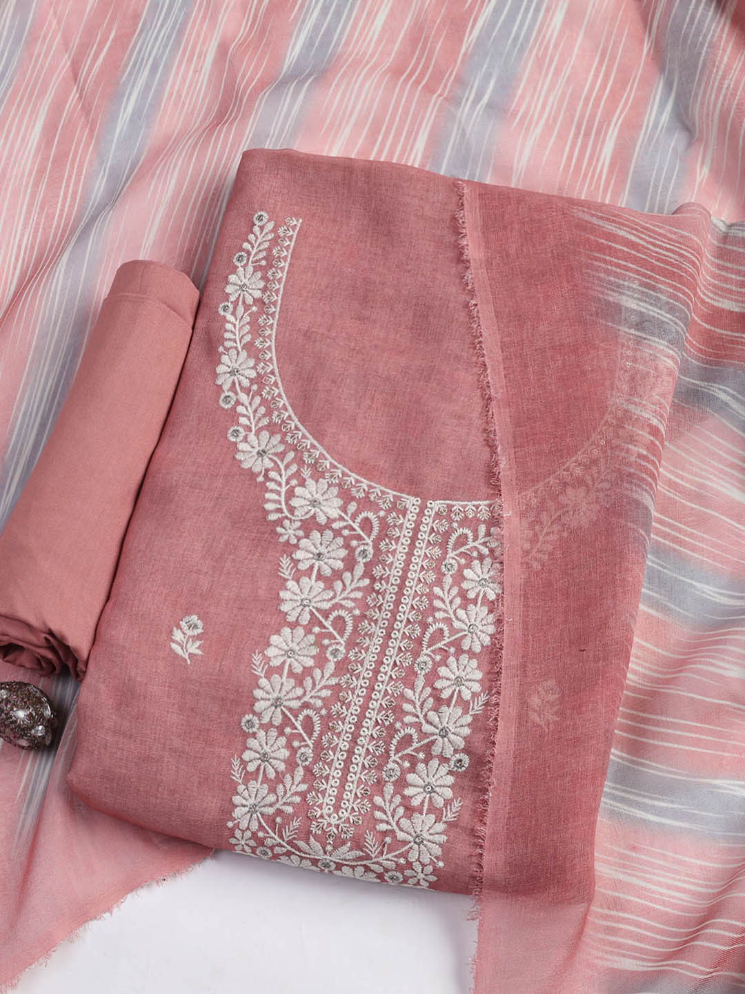 Embroidered Chanderi Unstitched Suit Piece With Dupatta