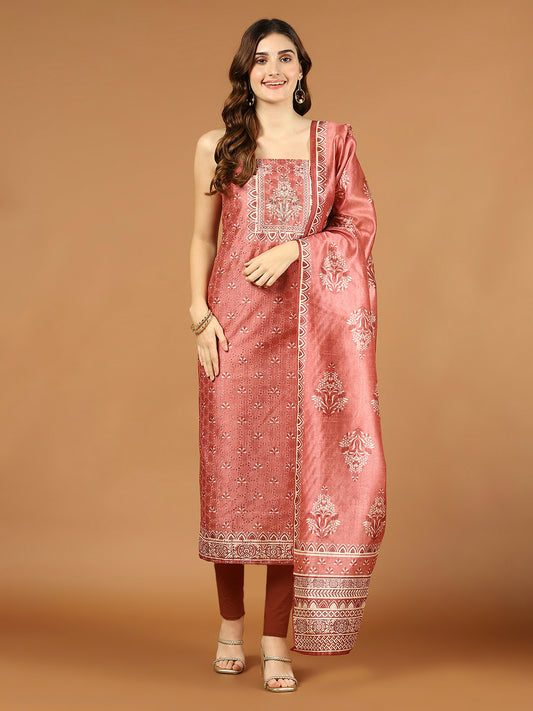 Schiffli Printed Tussar Unstitched Suit Piece With Dupatta