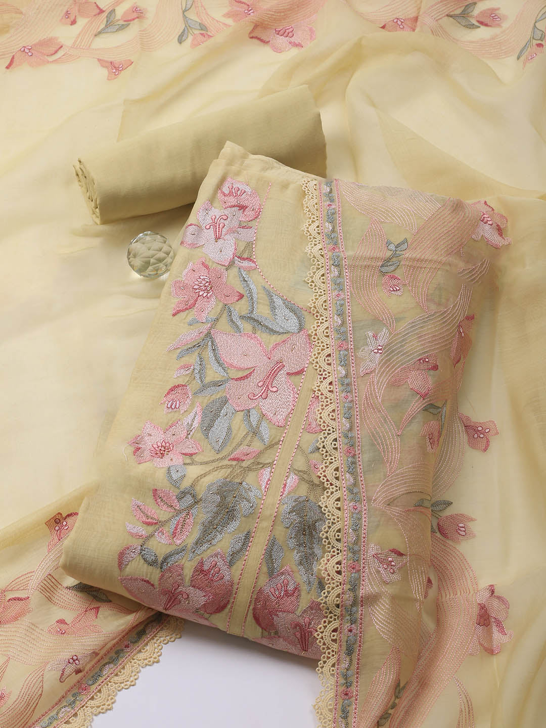 Embroidery Chanderi Unstitched Suit With Dupatta