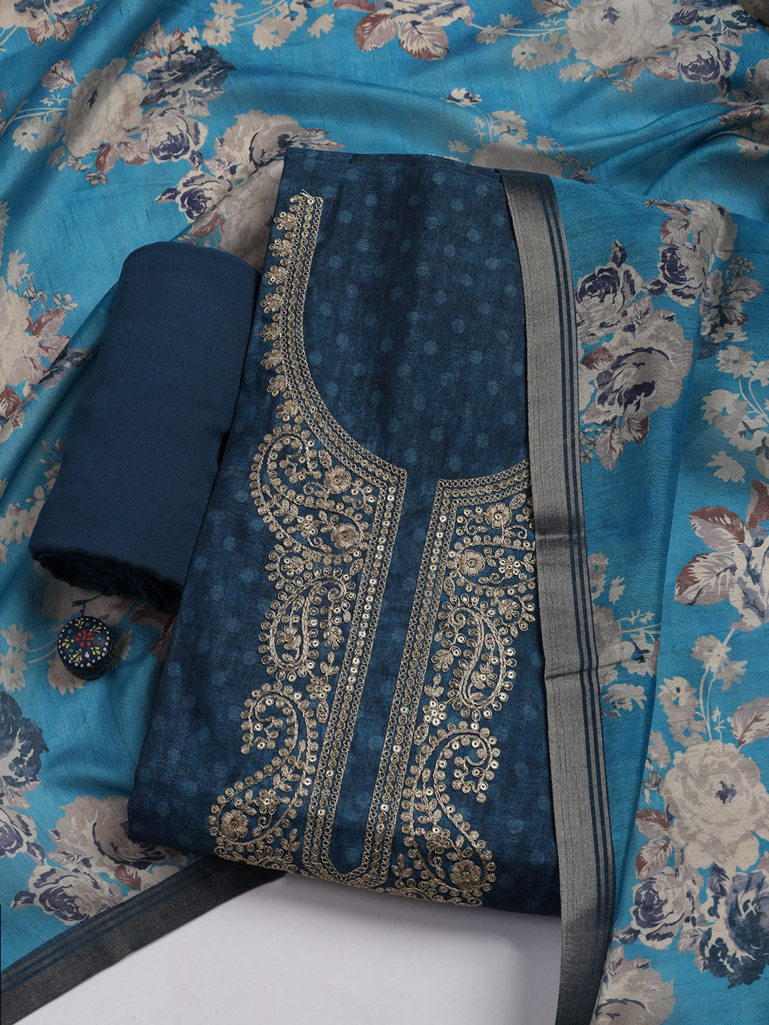 Embroidered Chanderi Unstitched Suit Piece With Dupatta