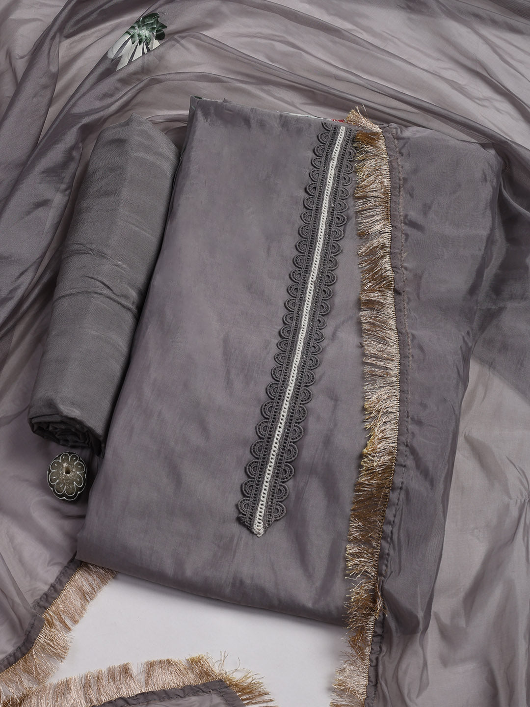 Patch Neck Organza Unstitched Suit Piece With Dupatta