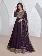 Embroidered Silk A Line Gown With Dupatta