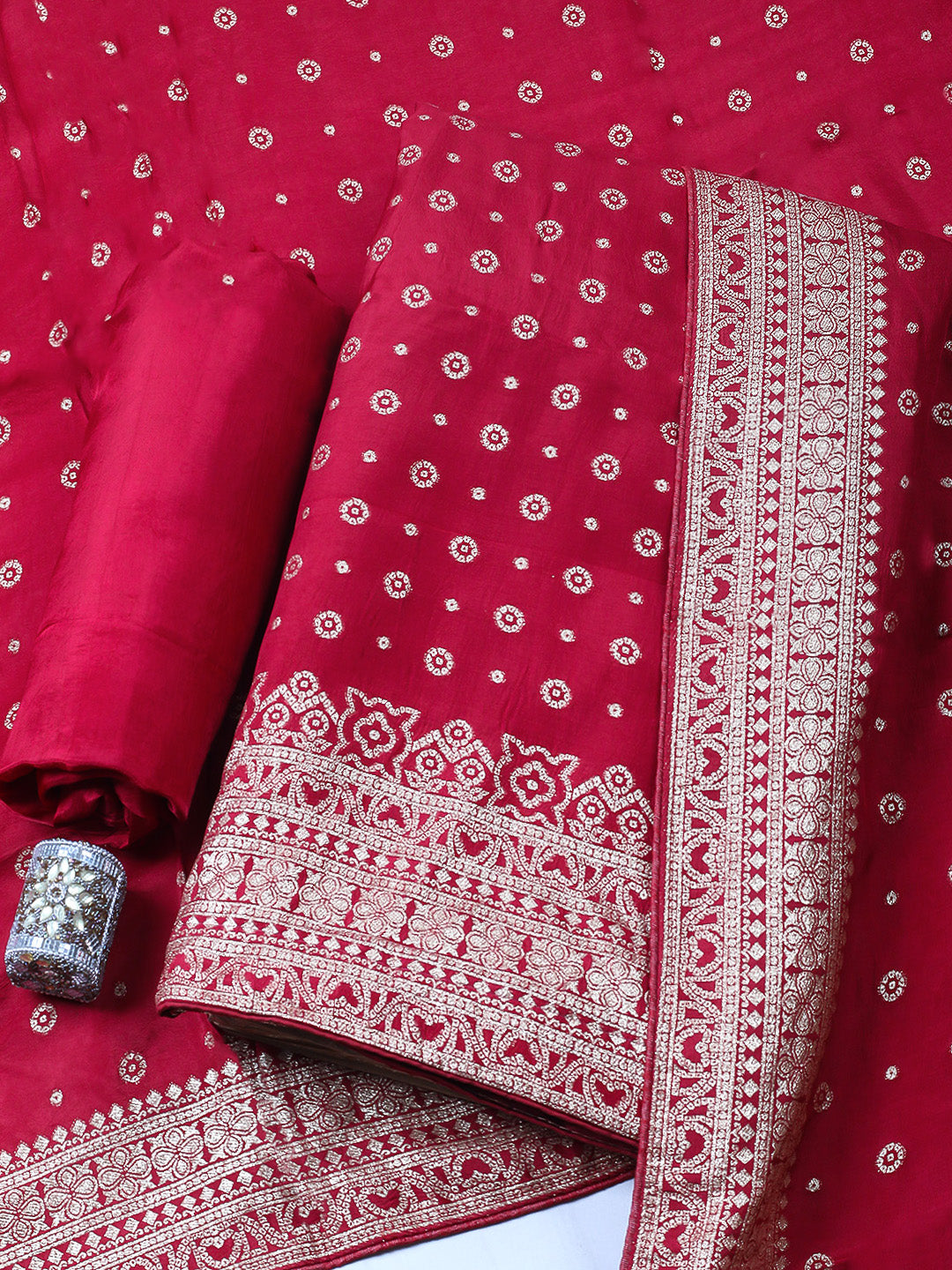 Embroidered Art Silk Unstitched Suit Piece With Dupatta