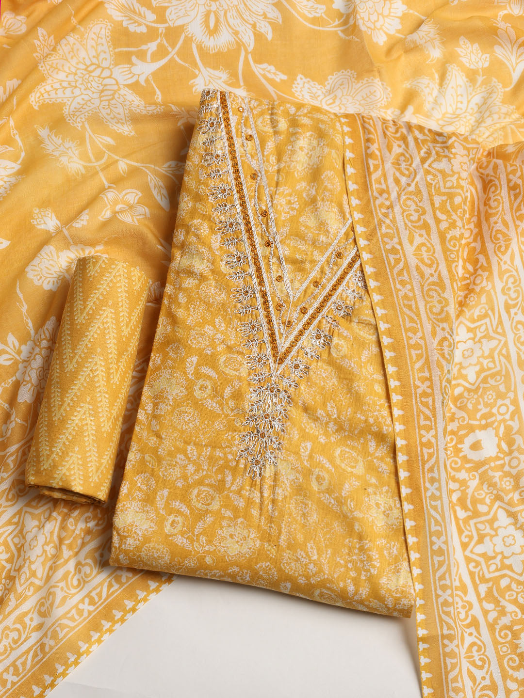 Printed Cotton Blend Unstitched Suit With Dupatta