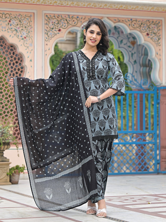 Printed Cotton Blend Kurta With Pants & Dupatta