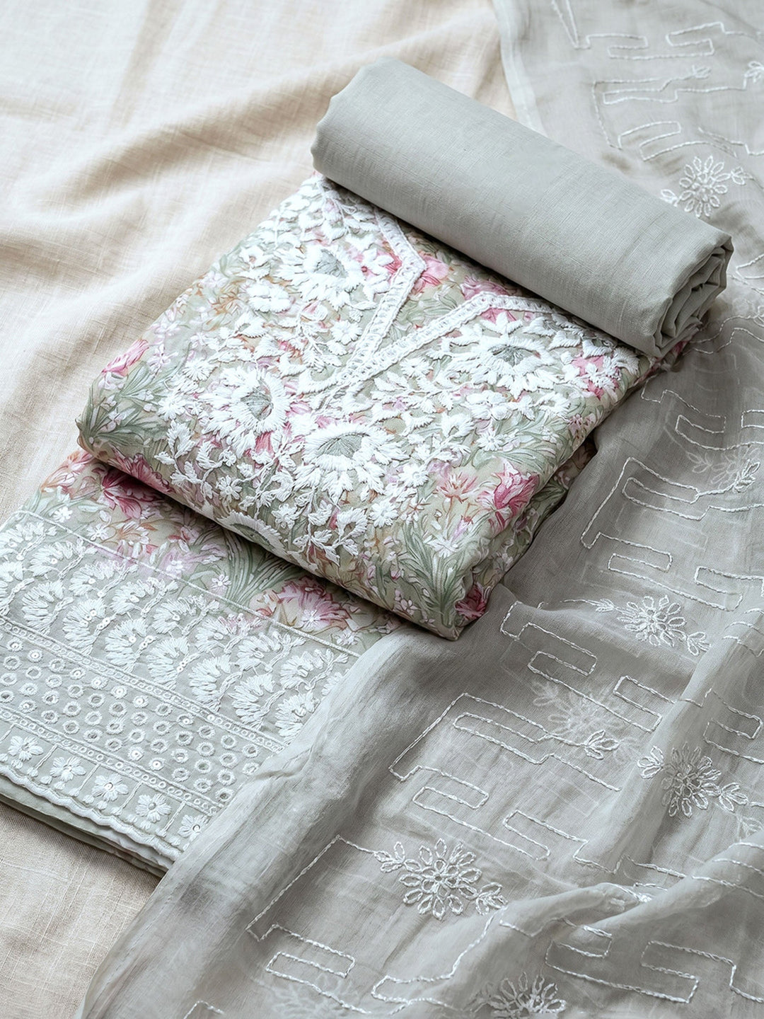 Neck Embroidered Cotton Blend Unstitched Suit With Dupatta