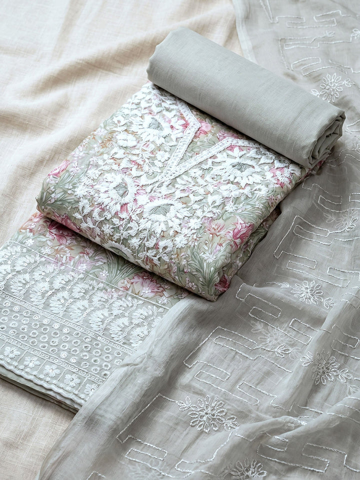 Neck Embroidered Cotton Blend Unstitched Suit With Dupatta