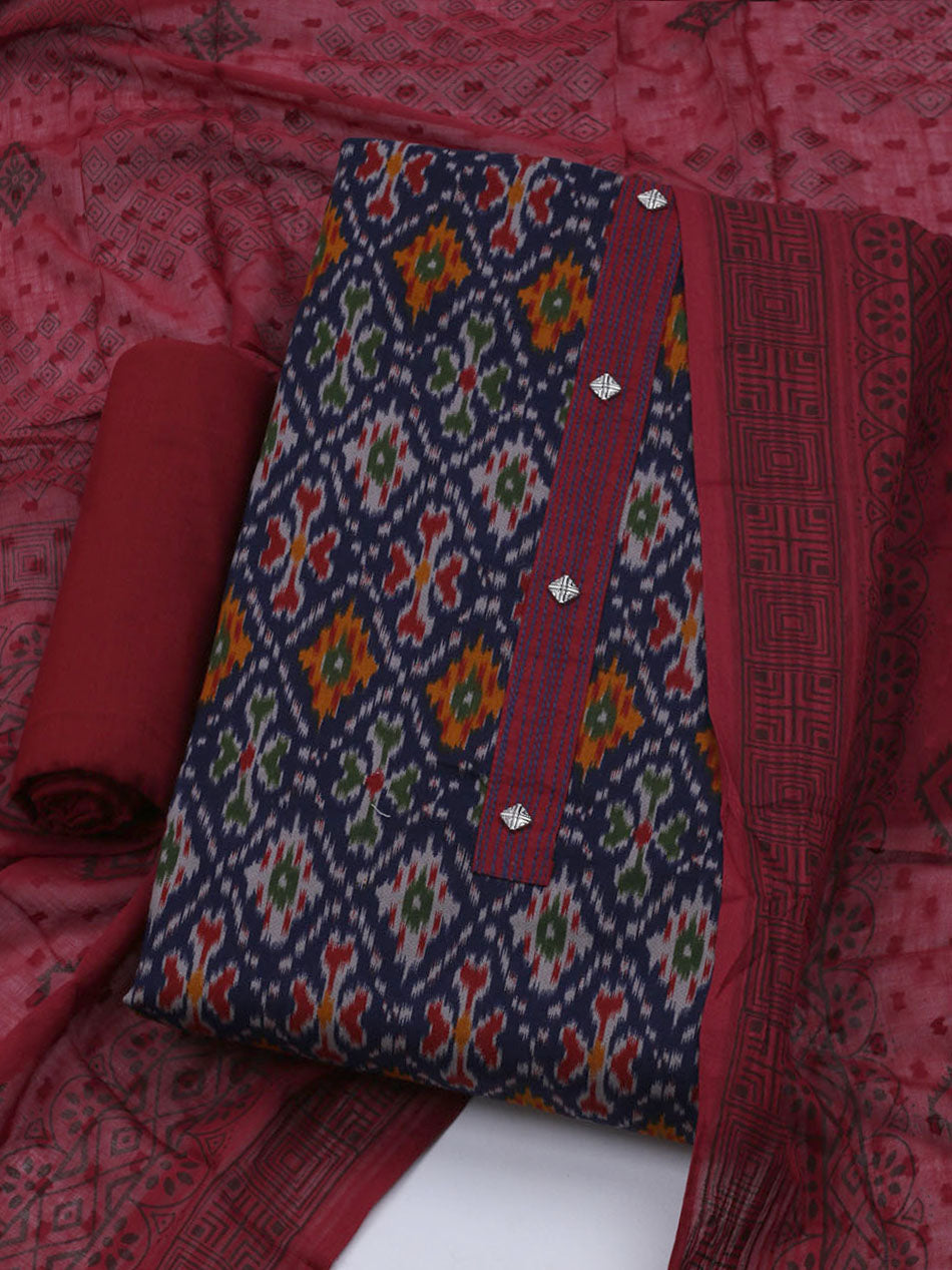 Patch Neck Cotton Blend Unstitched Suit With Dupatta