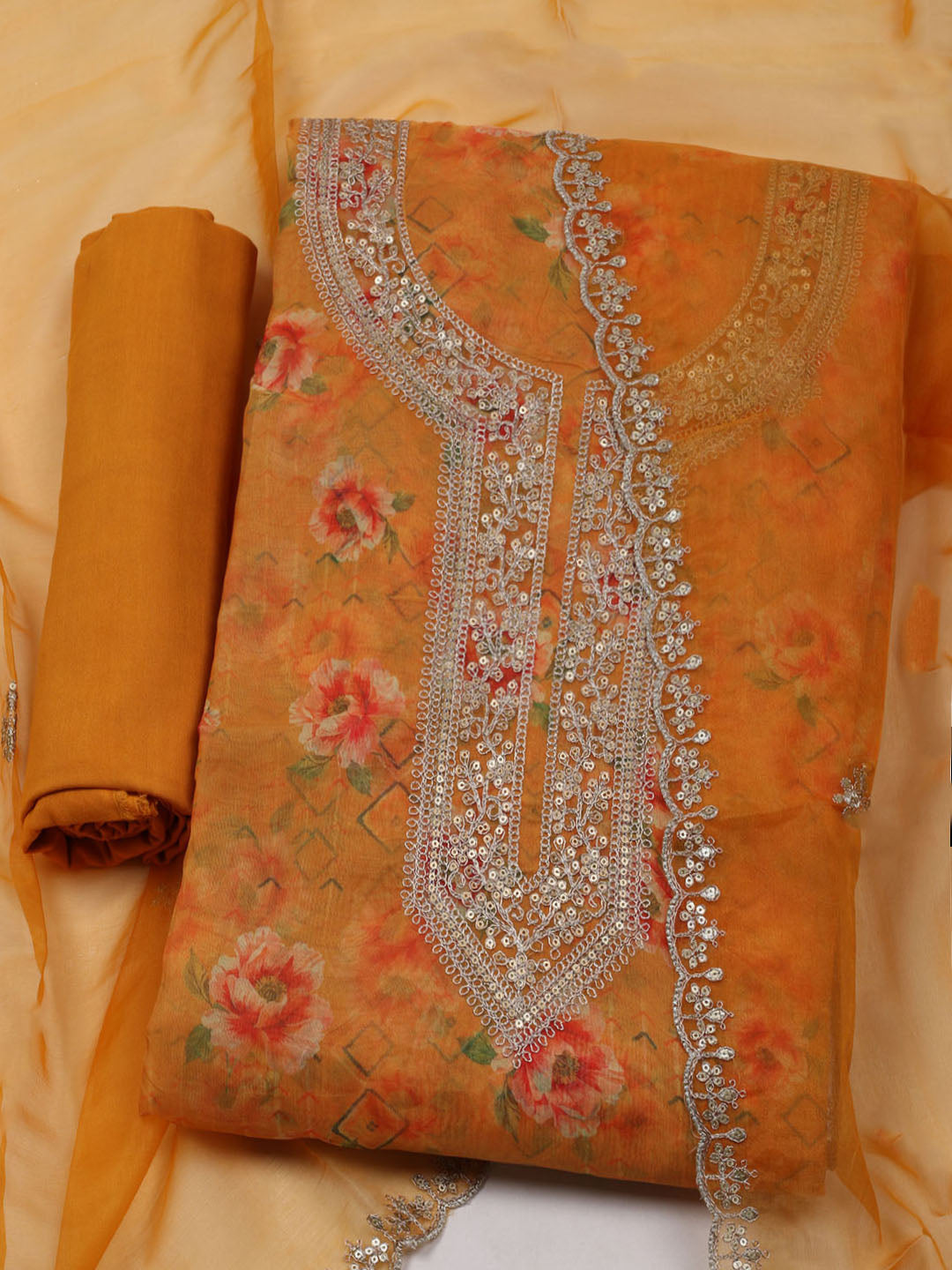 Embroidered Organza Unstitched Suit With Dupatta