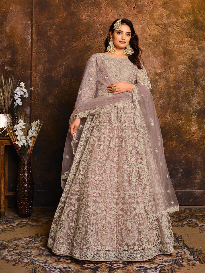 Embroidered Net Semi Stitched Kurta With Pant &amp; Dupatta