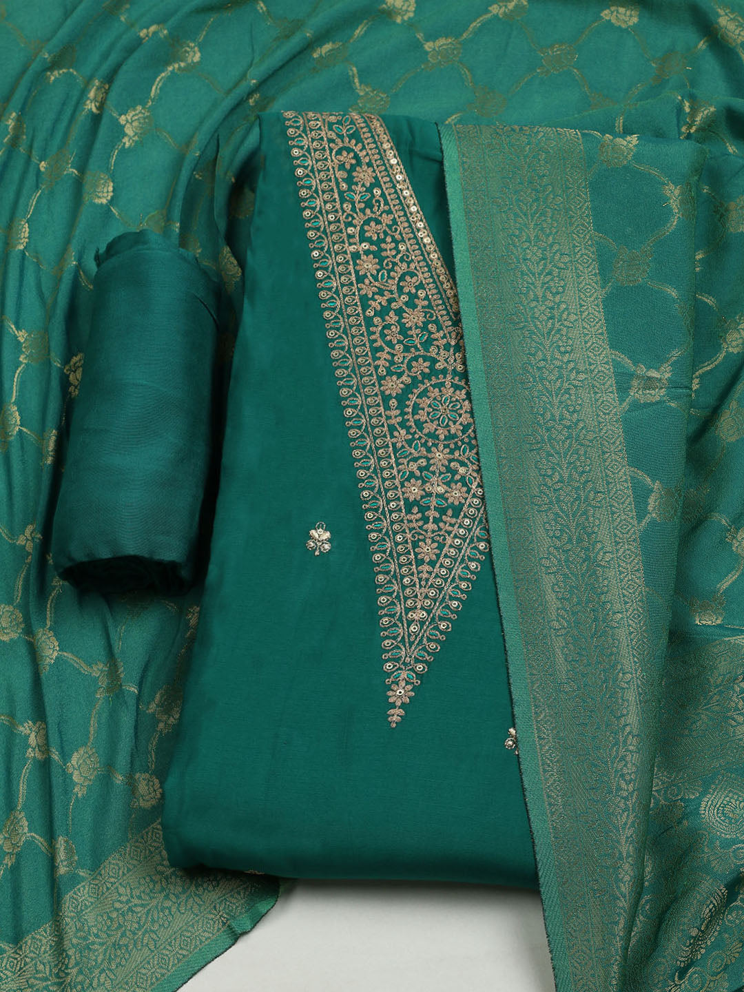 Embroidered Chanderi Unstitched Suit With Dupatta