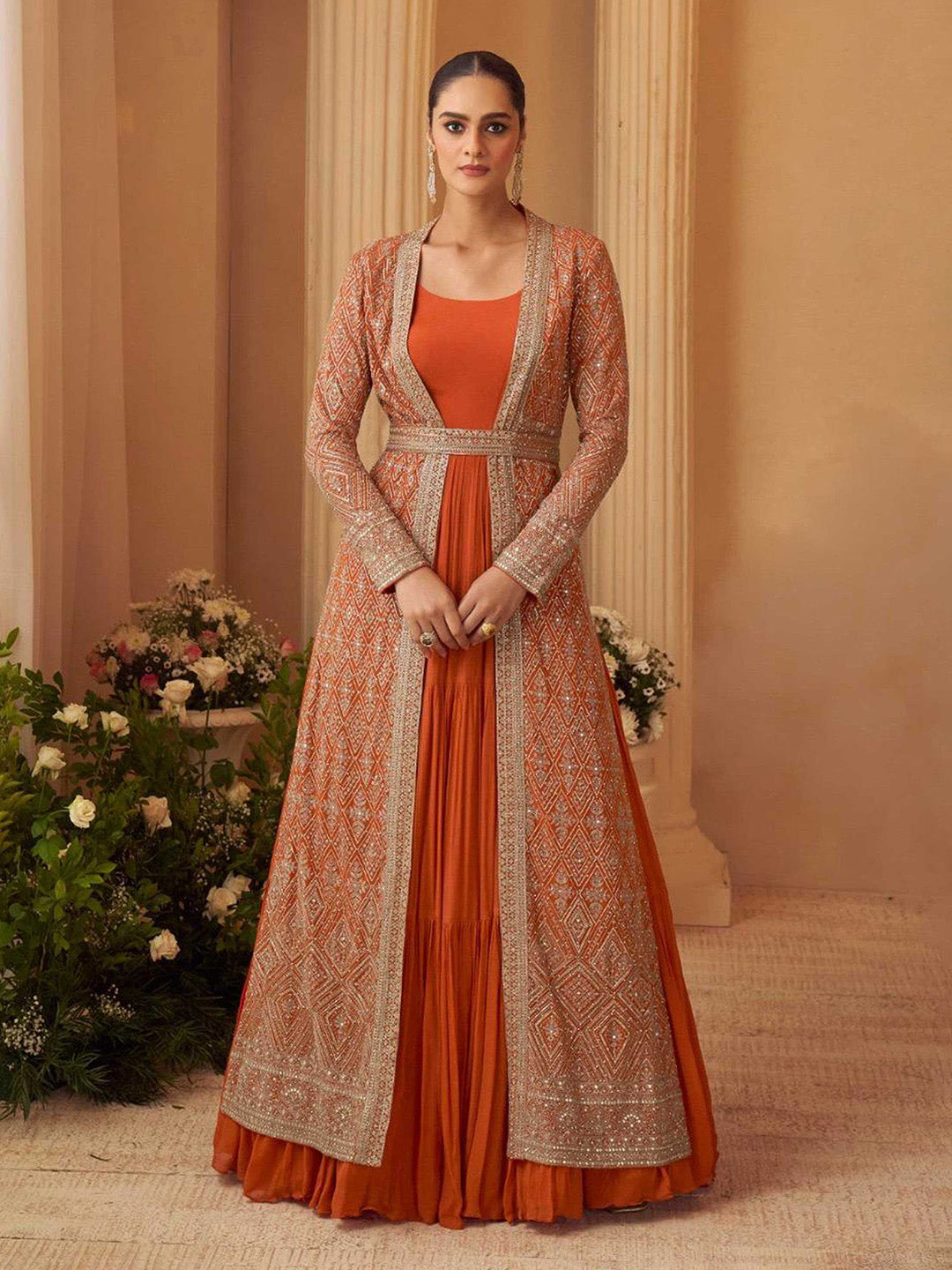 Rust Orange Chinnon Embroidered Anarkali Gown with Designer Jacket